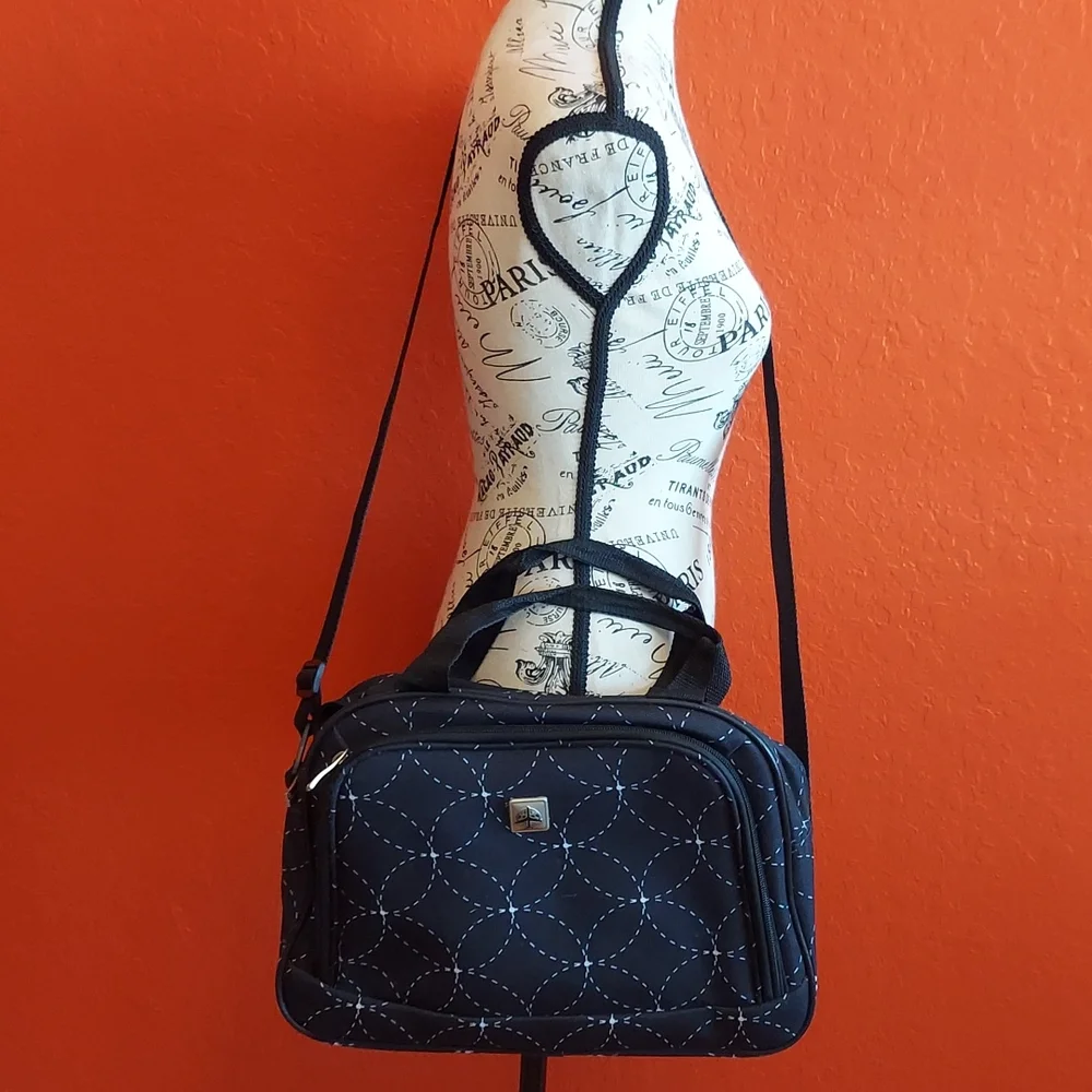 Black Computer Bag Crossbody Adjustable Strap 2 Zip Compartment Geometric Print